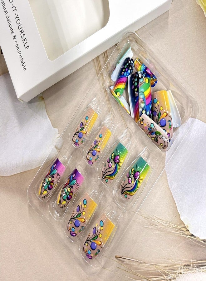 TBRZTR Press on Nails Medium Square Nails Gradient Acrylic Nails Colorful Stripe Design Artificial Nails Flower Smudge False Nails Full Cover Glossy Glue on Nails 24Pcs Stick on Nails for Women - Image 3